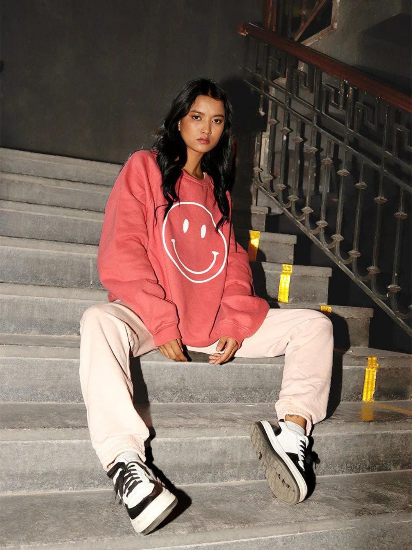 Crew Neck Oversized Sweatshirt (Smiley- Pink)- AYCS