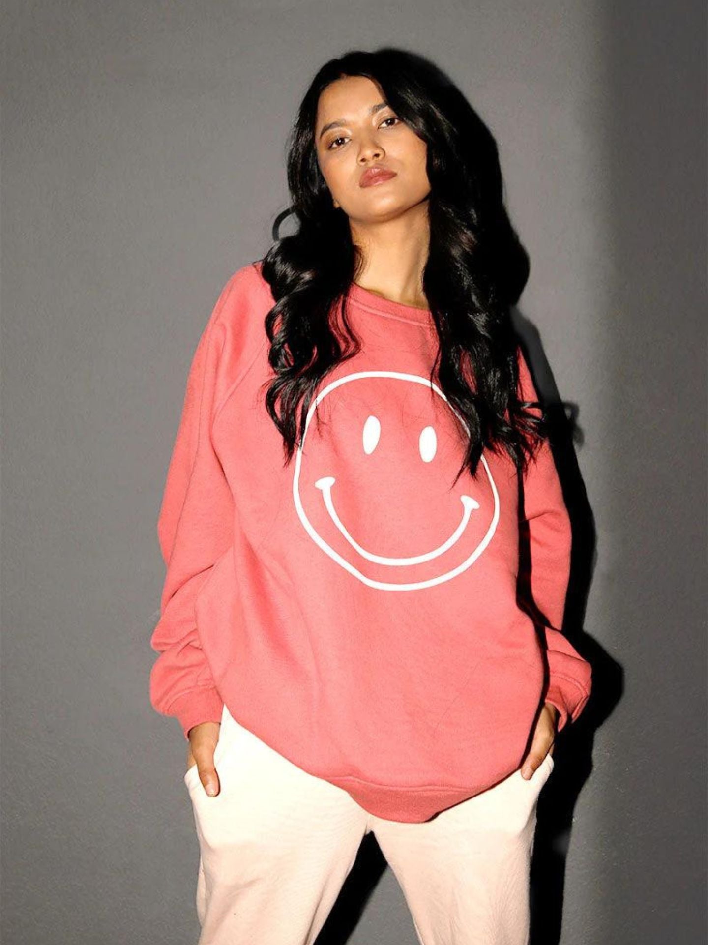 Crew Neck Oversized Sweatshirt (Smiley- Pink)- AYCS