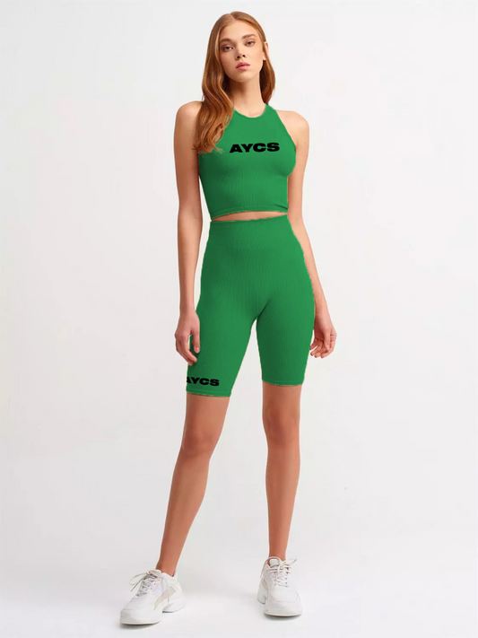 Bike Shorts With Crop Top Set Green -AYCS