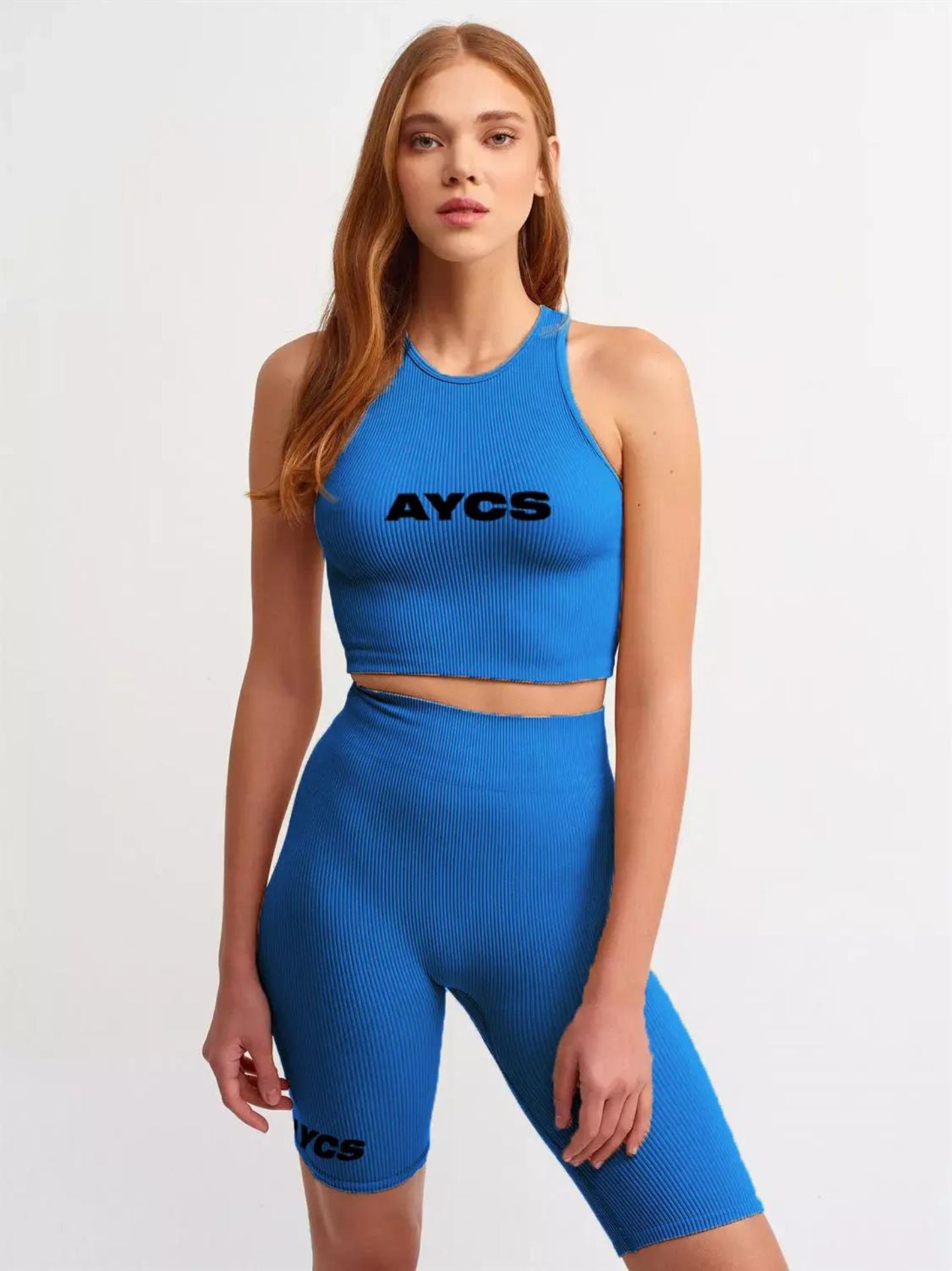 Bike Shorts With Crop Top Set Blue -AYCS