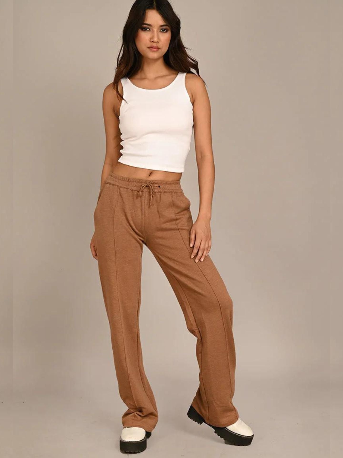 Wide Leg Drawstrings Joggers (Brown)- AYCS