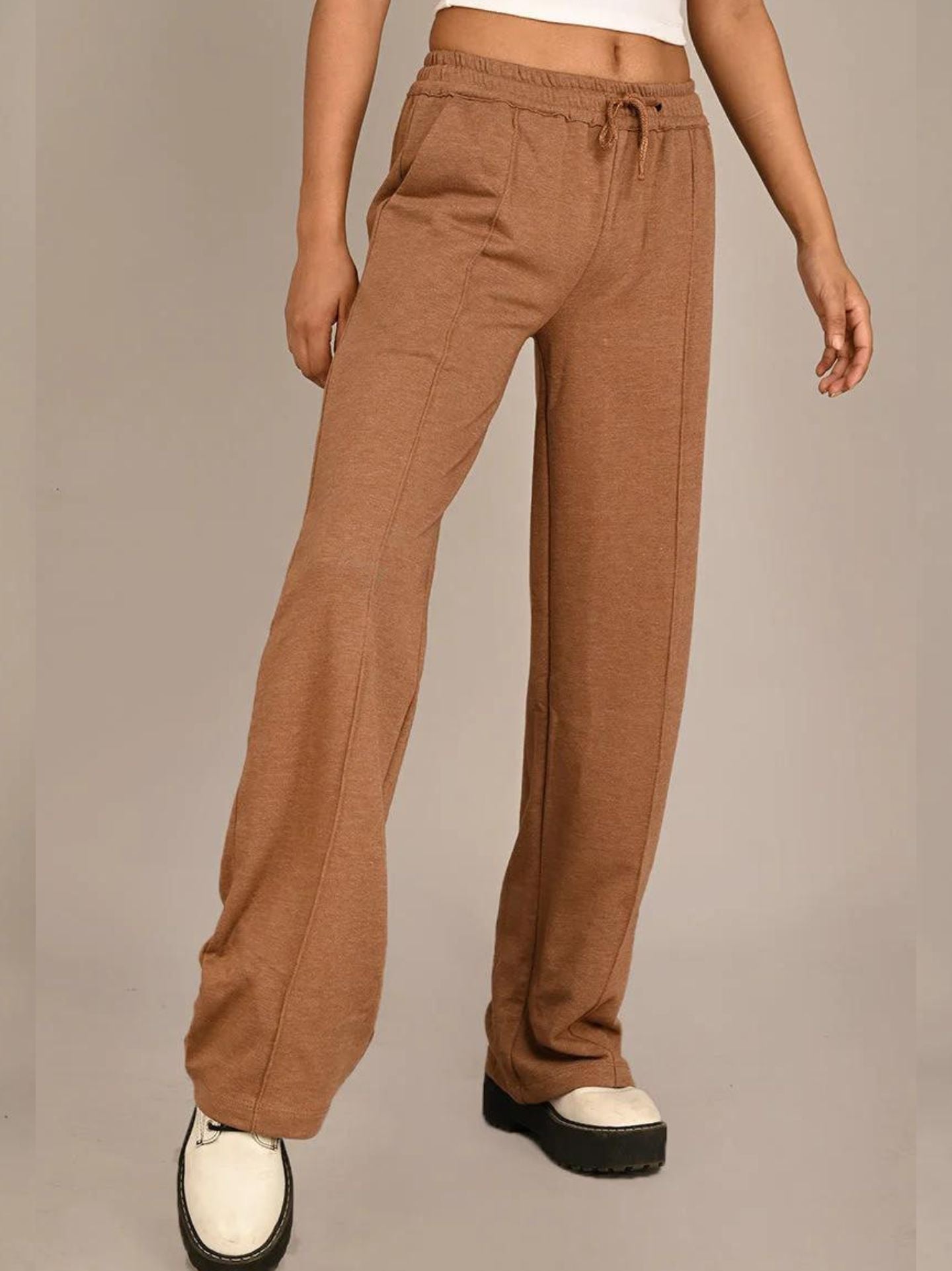 Wide Leg Drawstrings Joggers (Brown)- AYCS