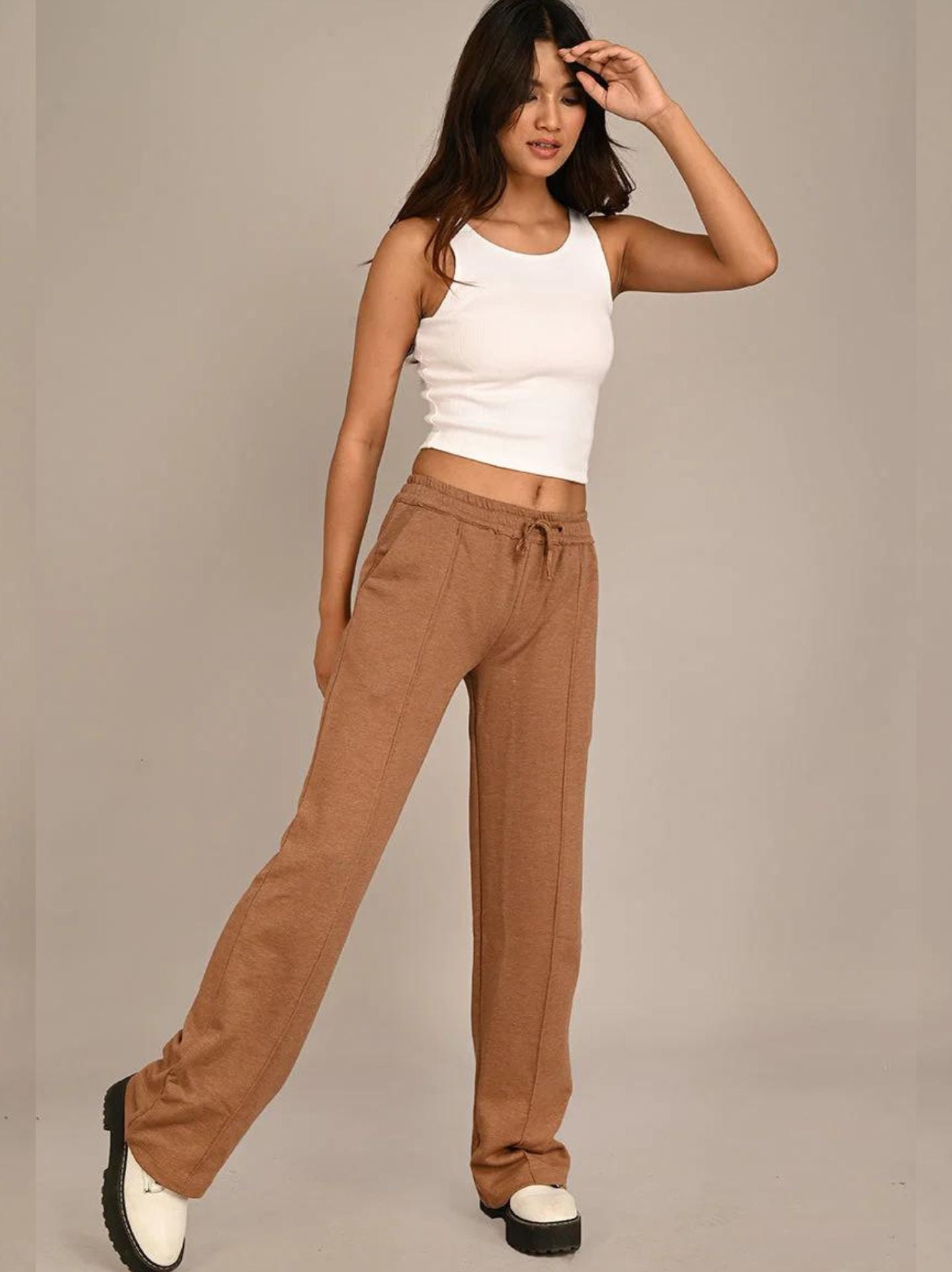 Wide Leg Drawstrings Joggers (Brown)- AYCS