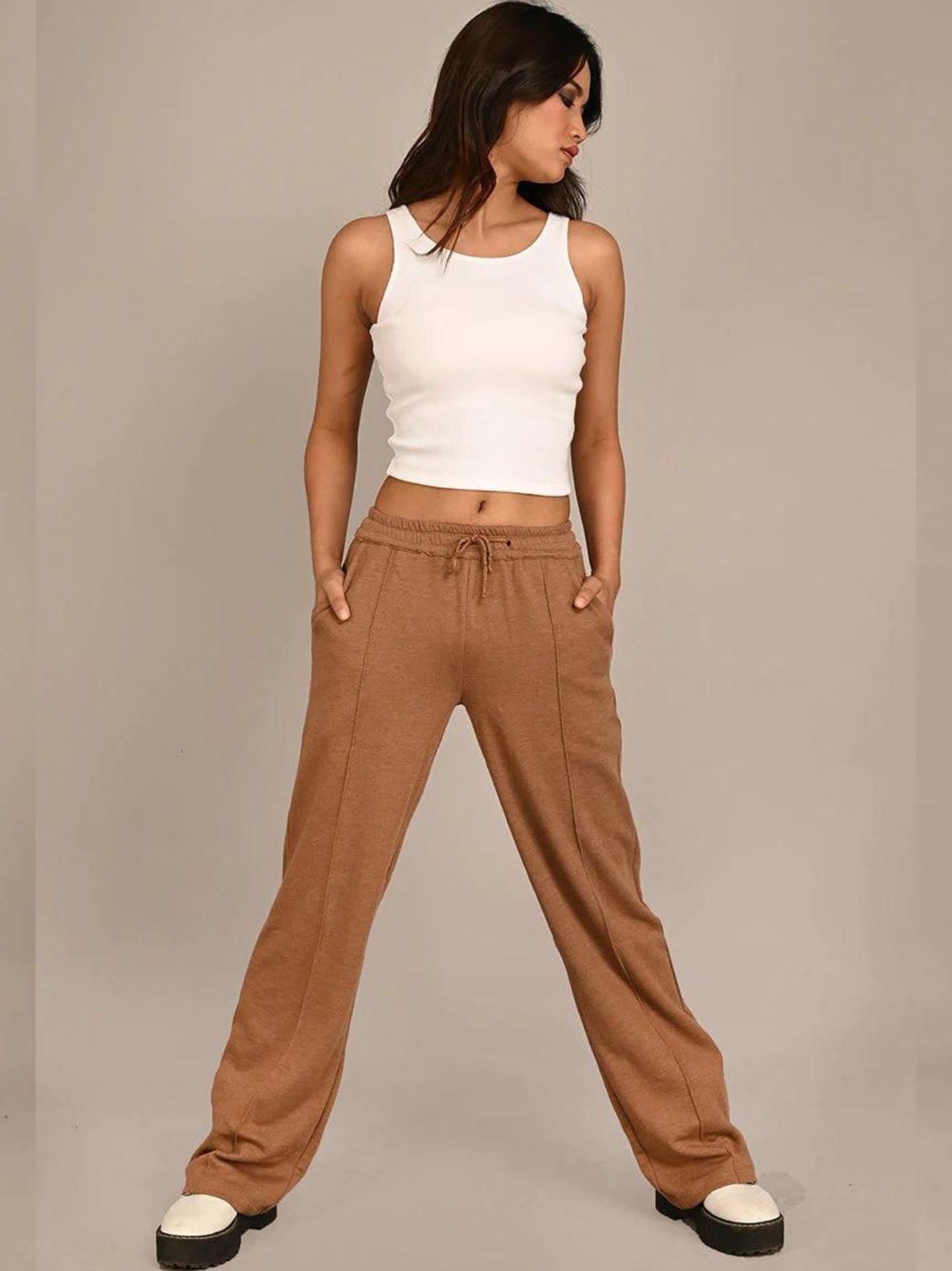 Wide Leg Drawstrings Joggers (Brown)- AYCS