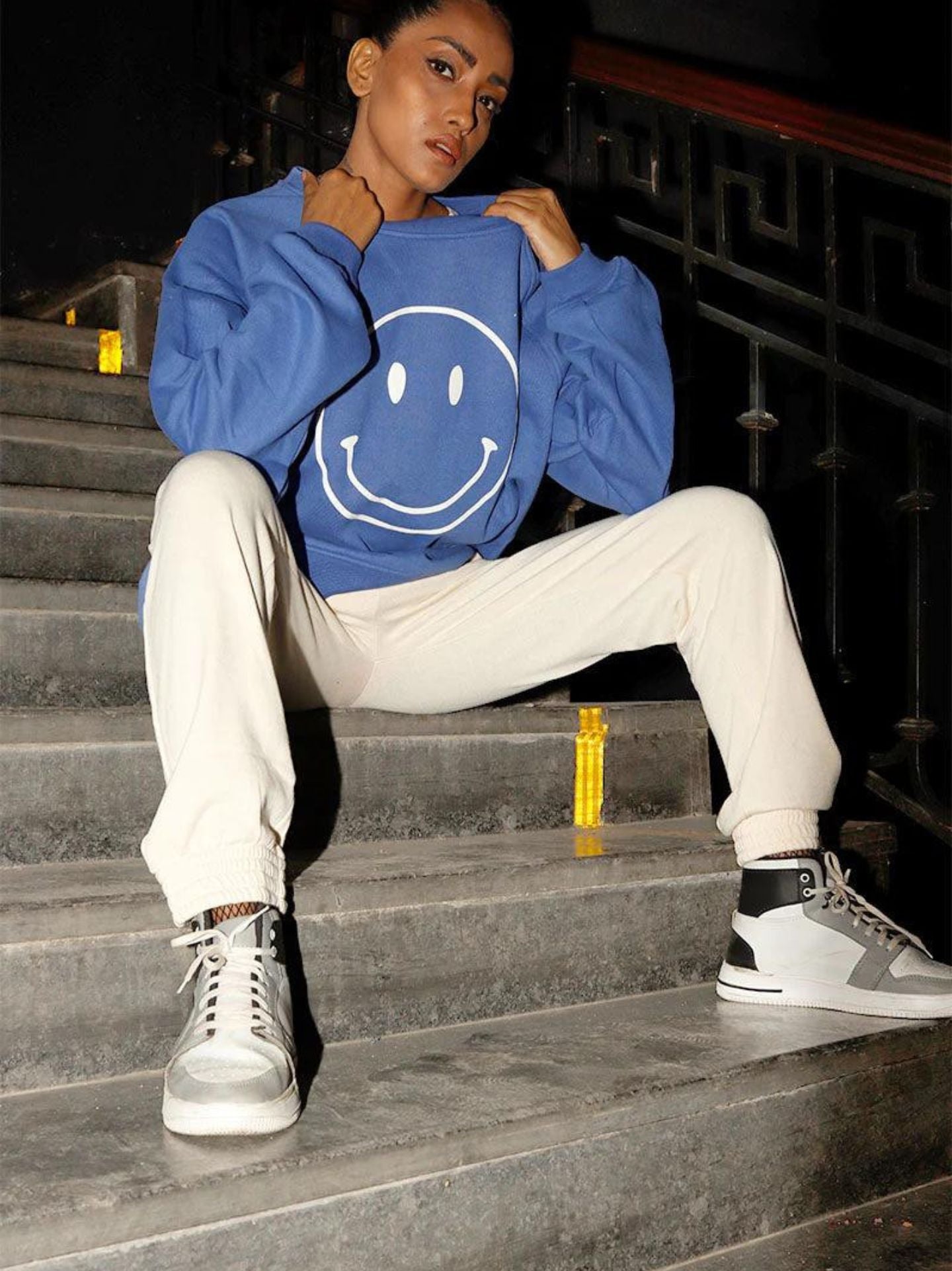 Crew Neck Oversized Sweatshirt (Smiley- Blue)- AYCS