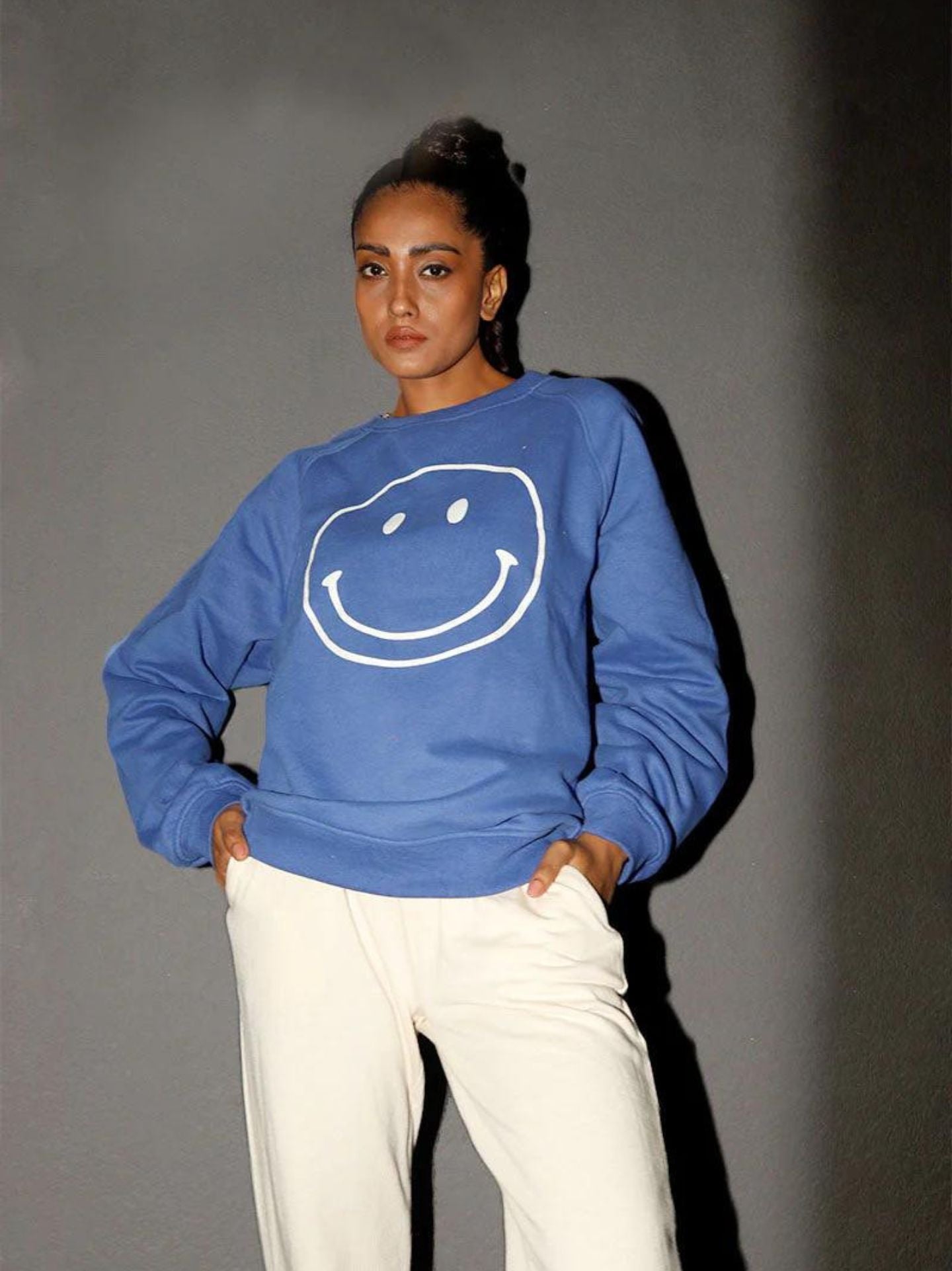 Crew Neck Oversized Sweatshirt (Smiley- Blue)- AYCS